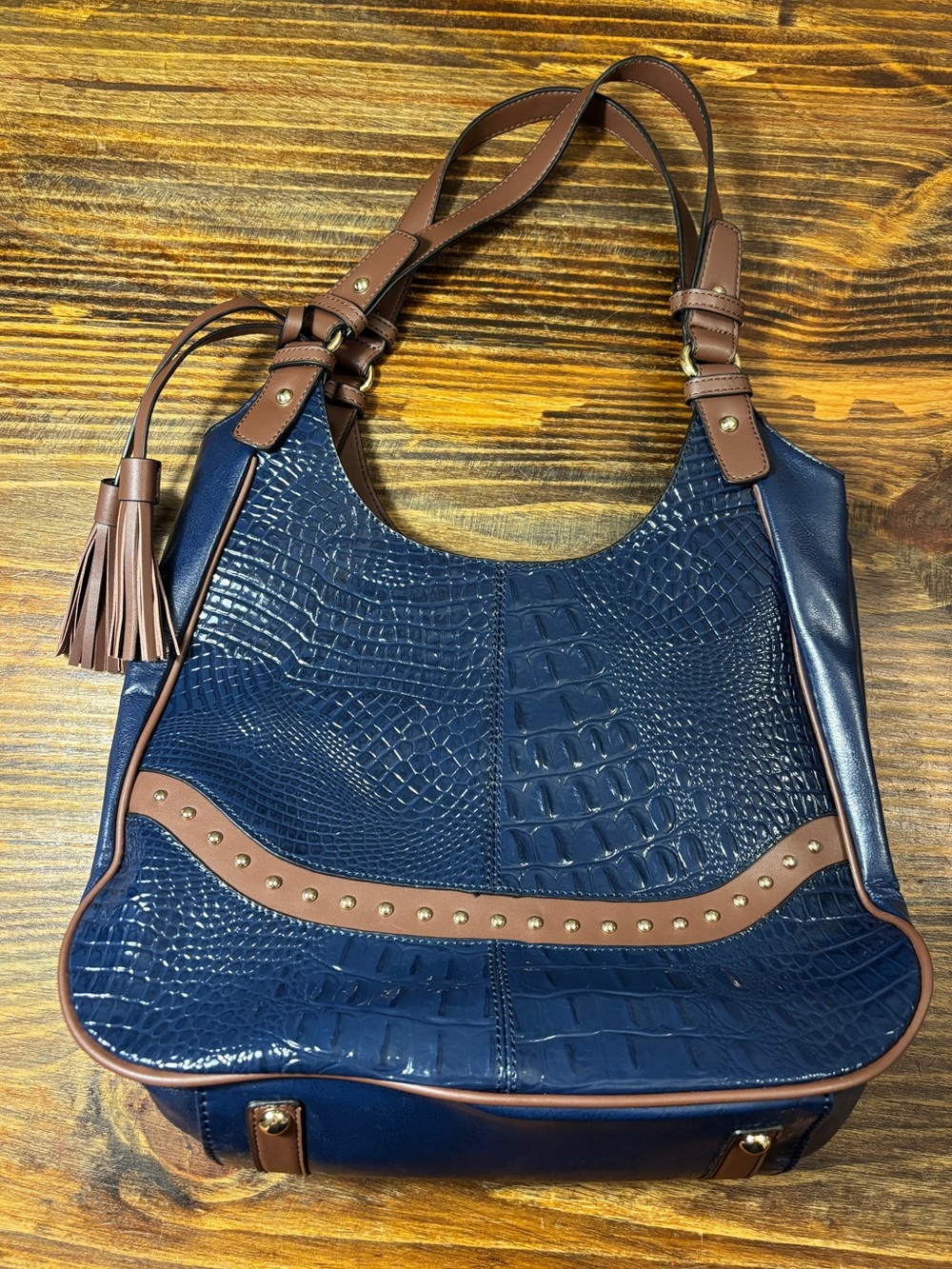 NWOT Genuine leather MC Jade Croco Embossed Tote Navy Brown Tassel Shoulder Bag